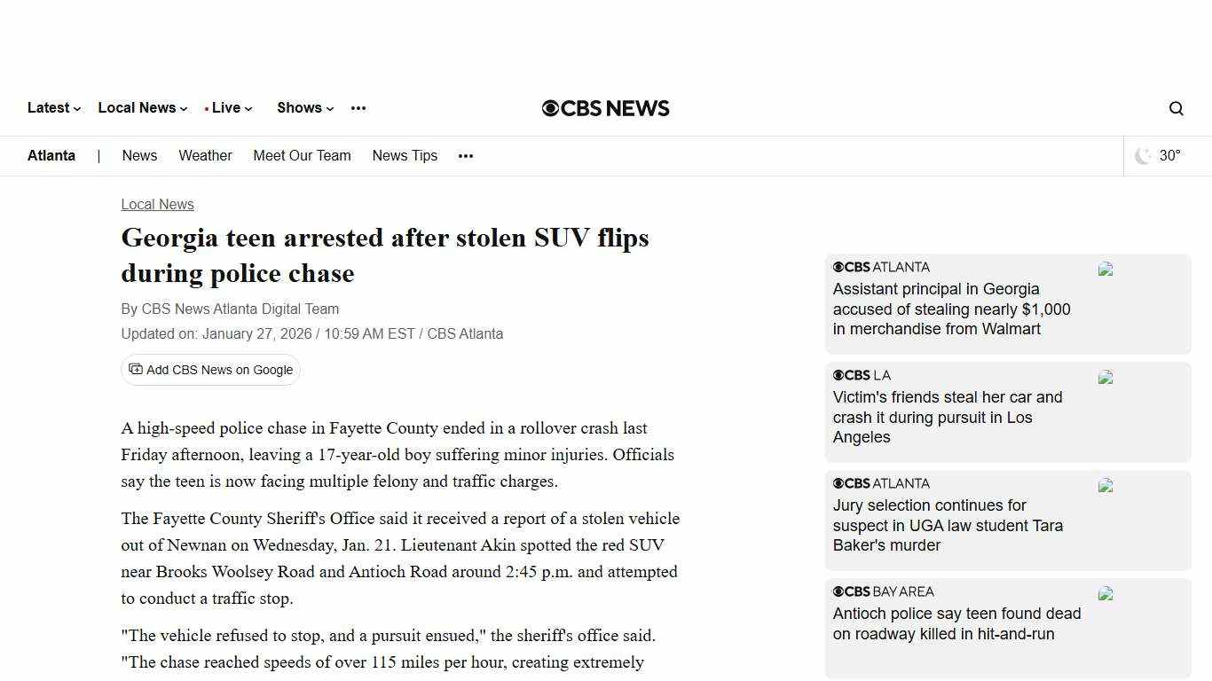 Georgia teen arrested after stolen SUV flips during police chase - CBS Atlanta