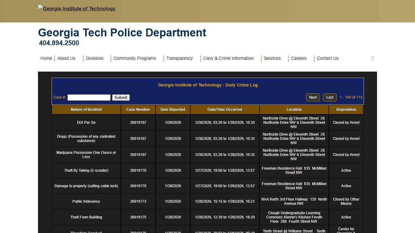 Crime Logs Georgia Tech Police Department